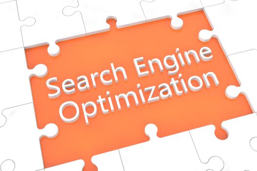 puzzle with words on orange background concept: Search Engine Optimization