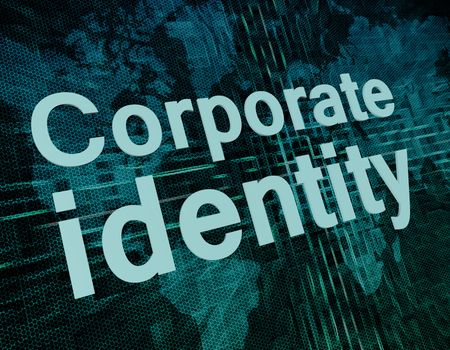 Words on digital world map concept: Corporate identity