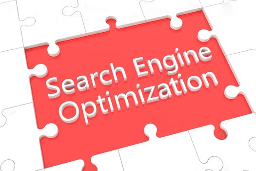 puzzle with words on red background concept: Search Engine Optimization