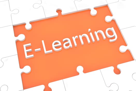 puzzle with words on orange background concept: E-Learning