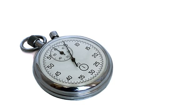 Stopwatch in shiny metal frame. Presented on a white background