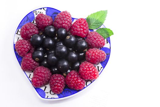 The ripe berries of raspberry and black currant on the beautiful oval dish with blue pattern