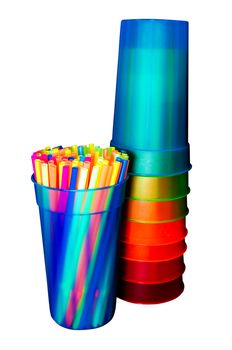 Colorful straws and cups isolated on white background with clipping path.