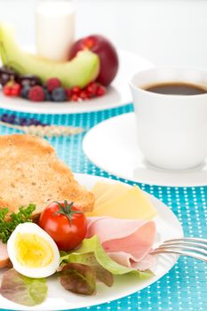 Breakfast with toast, cheese, sausage, ham, tomato, egg, cup of coffee and plate of fruits.