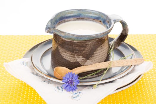 Kefir in argil jug with wooden spoon on rustic plate.