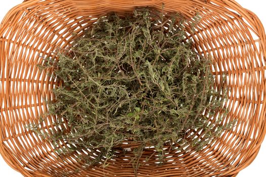 Rosemary in wicker basket on white background close up.