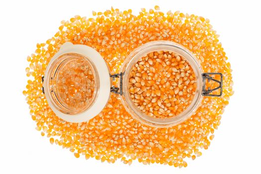 Corn seed in glass jar isolated on white background.