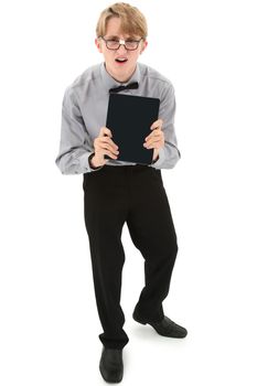 Funny nerd teenage boy with electronic e-book reader. Clipping path over white.