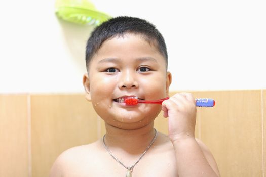 Little boy brushing teeth. Personal hygiene.