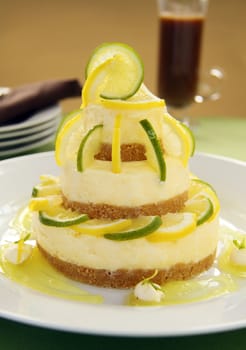 Delicious cheese cake stack with lemon and lime.