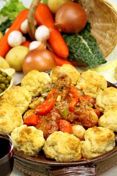 Delicious chicken and dumpling casserole with a selection of garden fresh vegetables.