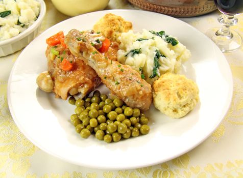 Delicious chicken and dumpling casserole with a selection of garden fresh vegetables.