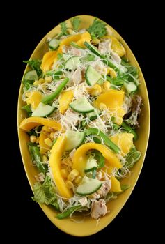 Delicious and colorful chicken mango and noodle salad.