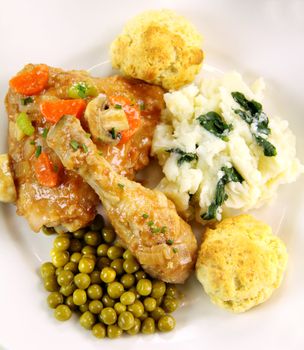 Delicious chicken and dumpling casserole with a selection of garden fresh vegetables.