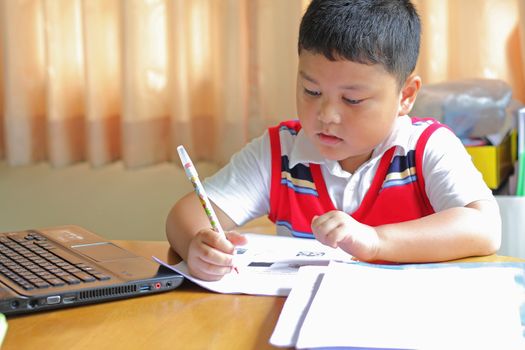 The boy work homework carefully.