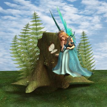 3D digital render of a beautiful blond fairy sitting on the shelf fungus and butterfly in the green fantasy woodland, blue sky 