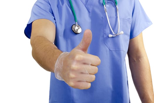 A doctor with a stethoscope shows thumb. Positive situation.