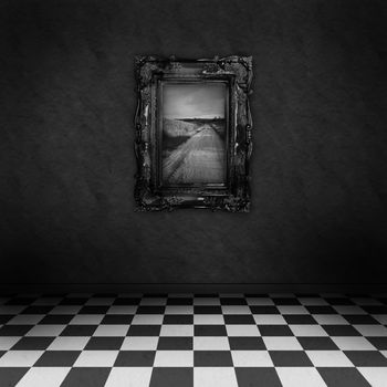 Empty, dark, psychedelic room with black and white checker on the floor and a painting symbolizing hope, on the dark wall