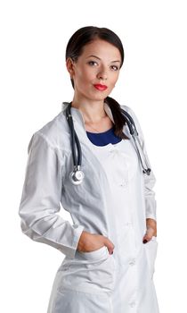 Woman doctor in a white coat with a stethoscope