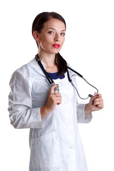 Woman doctor in a white coat with a stethoscope