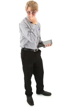 Geeky nerd teen with electronic notepad over white with clipping path. 