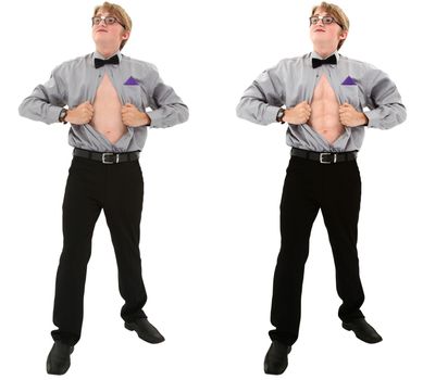 Geeky teen boy before and after six-pack ab photo over white.