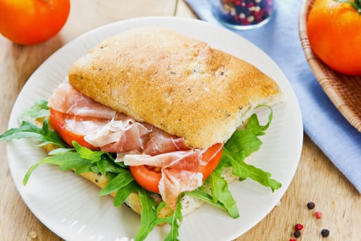 Prosciutto on Olive Ciabatta with Rocket sandwich