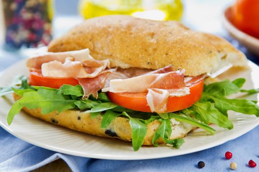 Prosciutto on Olive Ciabatta with Rocket sandwich
