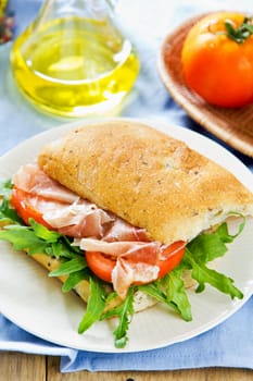 Prosciutto on Olive Ciabatta with Rocket sandwich