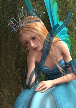 3D digital render of a beautiful blond fairy on green tree background