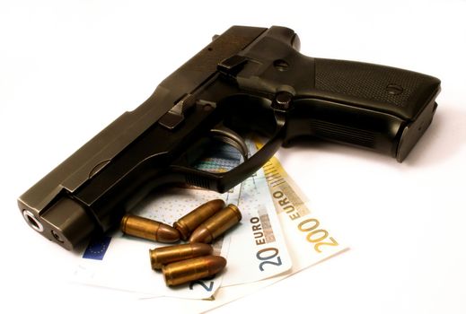 Big 9mm gun, bullets and Euro money