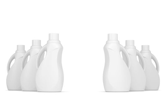 Series plastic bottles of household chemicals. 3d render isolated on white background
