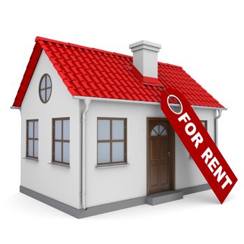 A small house with a label for the rent. Isolated render on a white background