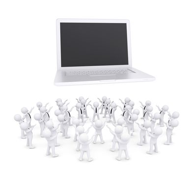 Group of white people worshiping laptop. 3d render isolated on white background