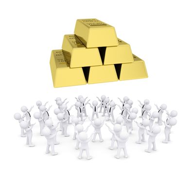 Group of white people worshiping gold bricks. 3d render isolated on white background