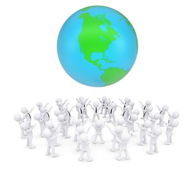 Group of white people worshiping earth. 3d render isolated on white background