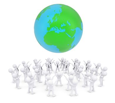 Group of white people worshiping earth. 3d render isolated on white background