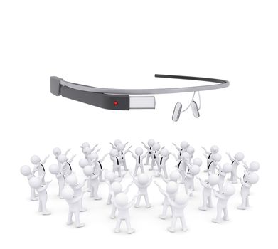 Group of white people worshiping google glass. 3d render isolated on white background