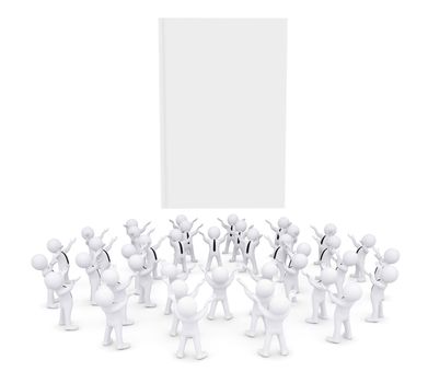 Group of white people worshiping book. 3d render isolated on white background