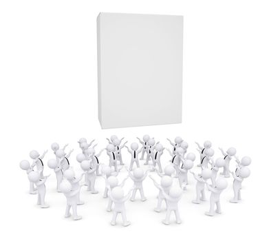 Group of white people worshiping box. 3d render isolated on white background