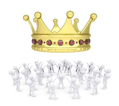 Group of white people worshiping crown. 3d render isolated on white background