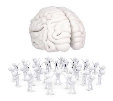 Group of white people worshiping brain. 3d render isolated on white background