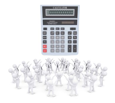Group of white people worshiping calculator. 3d render isolated on white background
