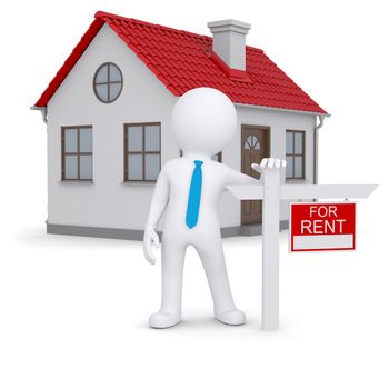White 3d human and small house with sign a lease. Isolated render on a white background
