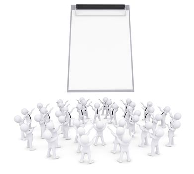 Group of white people worshiping checklist. 3d render isolated on white background