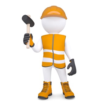 3d white man in overalls with a hammer. Isolated render on a white background