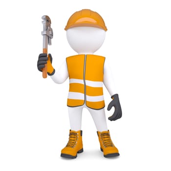 3d white man in overalls with a wrench. Isolated render on a white background