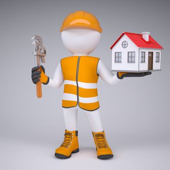 3d man in overalls with wrench and house. render on a gray background