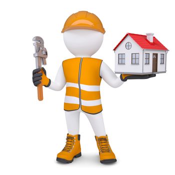 3d man in overalls with wrench and house. Isolated render on a white background