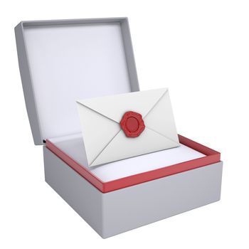 Envelope in open gift box. 3d render isolated on white background